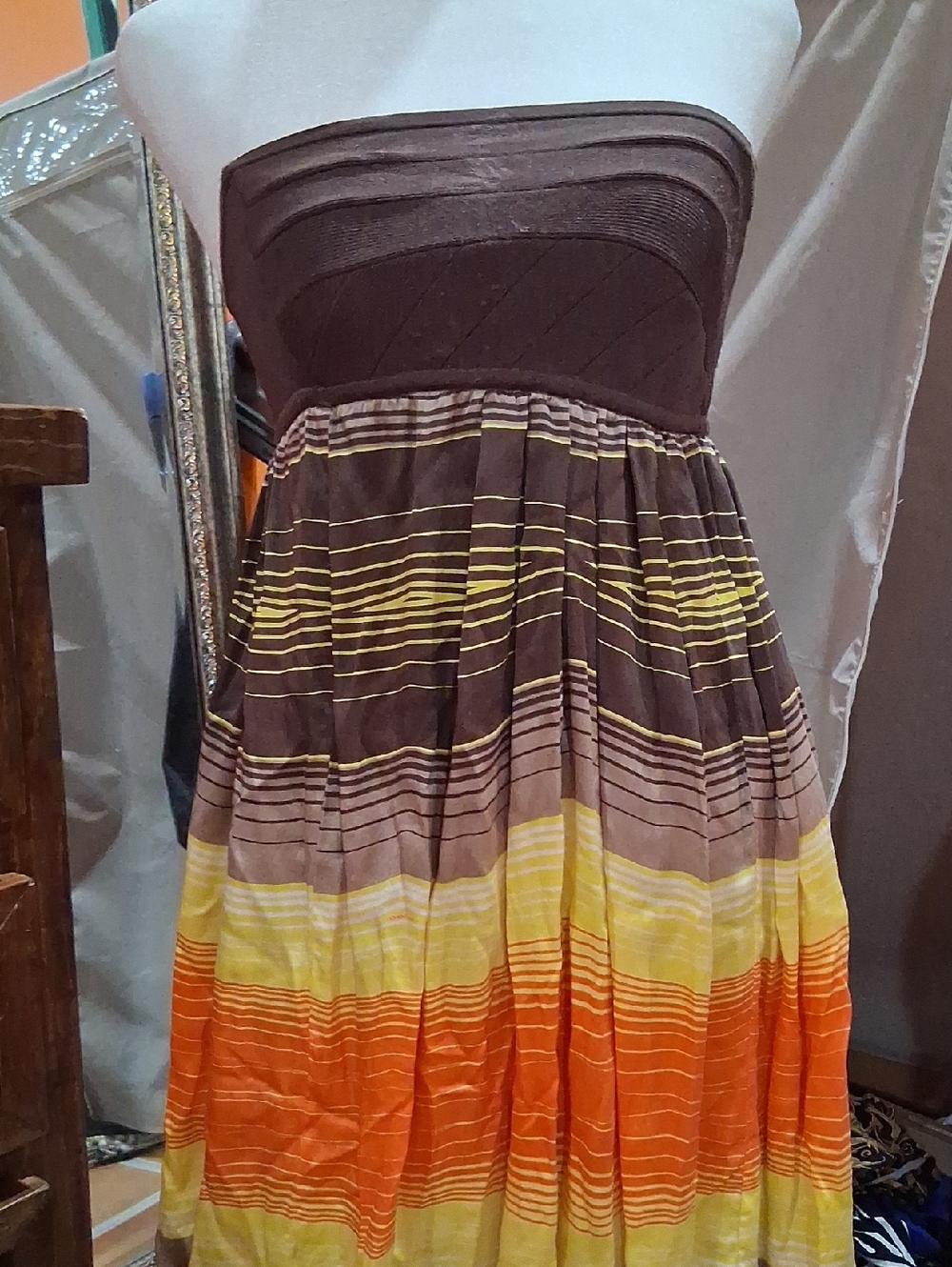Backless Strapless Brown, Yellow & Orange Summer Dress